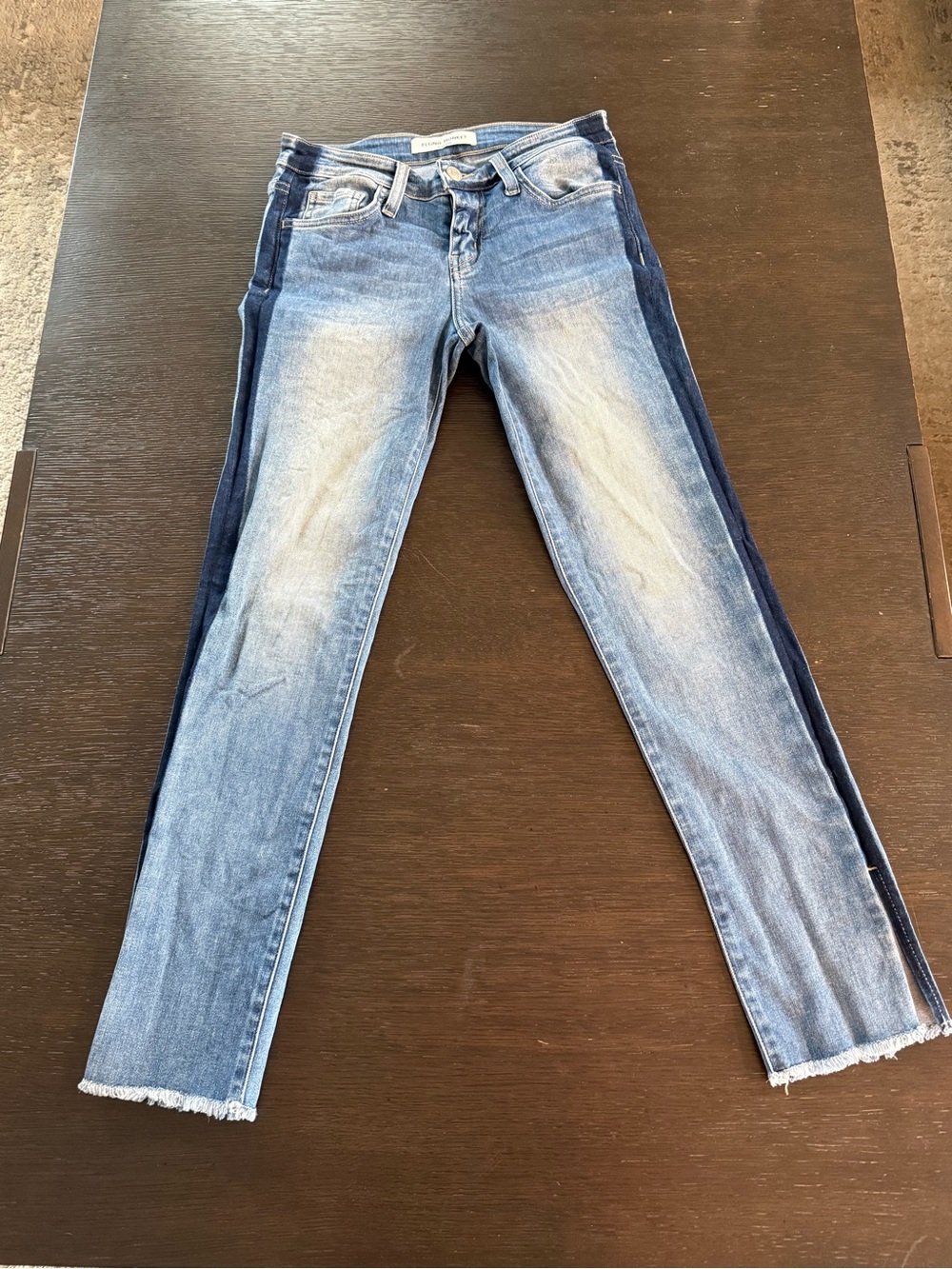 Two-Tone Blue Wash Skinny Ankle Jeans with Dark Side Panels